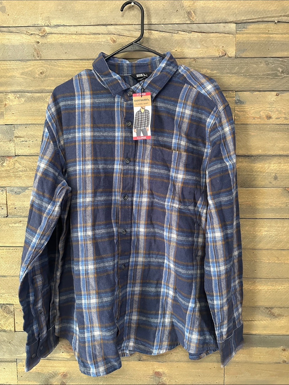 Eddie Bauer Navy, Light Blue & Brown Plaid Flannel Shirt